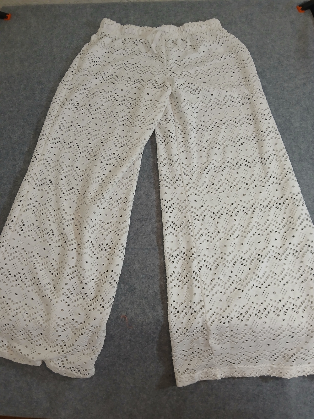 White Wide-Leg Eyelet Crochet Pants